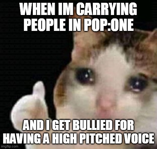 WHY MUST I SUFFER | WHEN IM CARRYING PEOPLE IN POP:ONE; AND I GET BULLIED FOR HAVING A HIGH PITCHED VOICE | image tagged in sad thumbs up cat | made w/ Imgflip meme maker