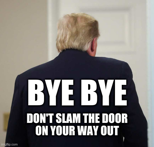 Trump: Bye Bye | BYE BYE; DON'T SLAM THE DOOR
ON YOUR WAY OUT | image tagged in trump,bye bye | made w/ Imgflip meme maker