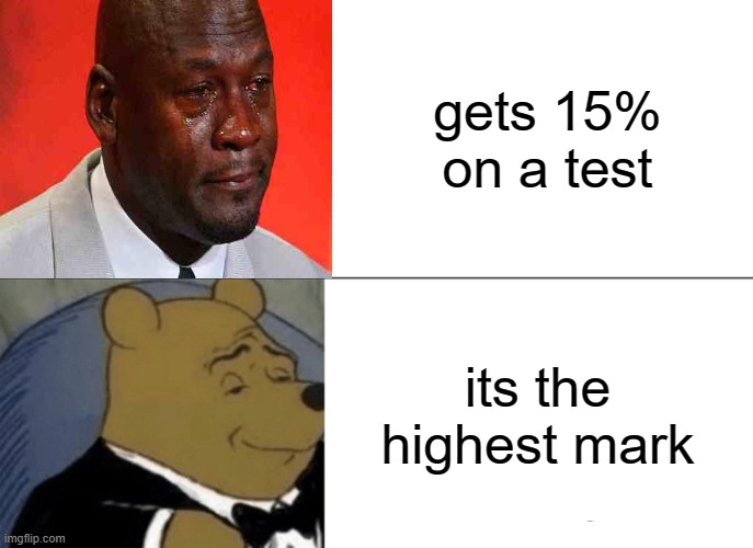 Tuxedo Winnie The Pooh | gets 15% on a test; its the highest mark | image tagged in memes,tuxedo winnie the pooh | made w/ Imgflip meme maker