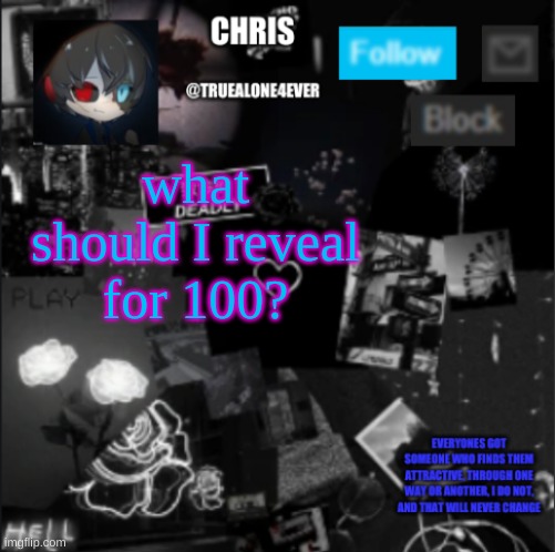 100 followers | what should I reveal for 100? | image tagged in chris announcement | made w/ Imgflip meme maker