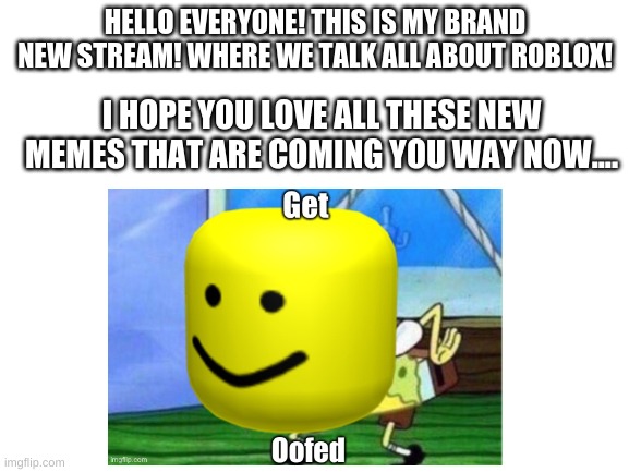 Welcome to my new steam I hope you love all the memes coming your way! | HELLO EVERYONE! THIS IS MY BRAND NEW STREAM! WHERE WE TALK ALL ABOUT ROBLOX! I HOPE YOU LOVE ALL THESE NEW MEMES THAT ARE COMING YOU WAY NOW.... | image tagged in getoofed | made w/ Imgflip meme maker