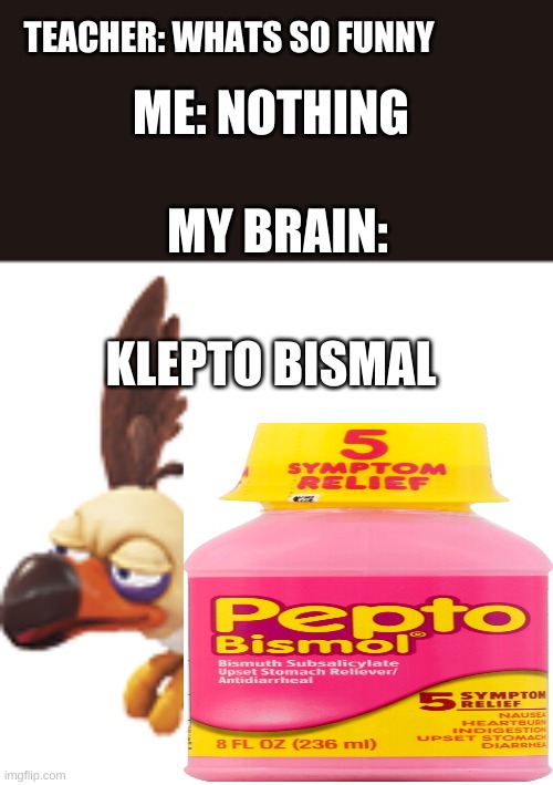 ME: NOTHING; TEACHER: WHATS SO FUNNY; MY BRAIN:; KLEPTO BISMAL | image tagged in funny | made w/ Imgflip meme maker
