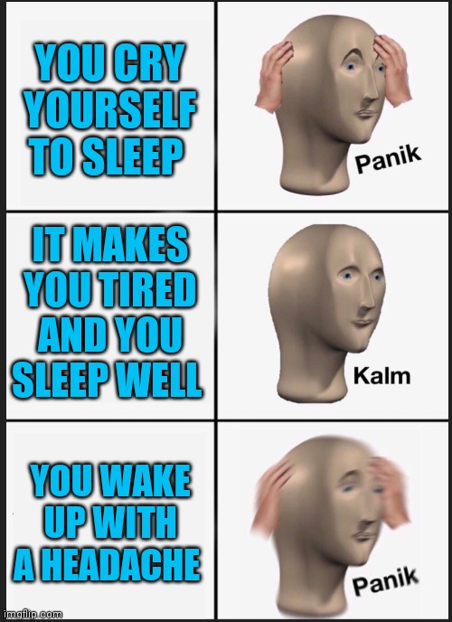 This happened last night- my head hurts- | YOU CRY YOURSELF TO SLEEP; IT MAKES YOU TIRED AND YOU SLEEP WELL; YOU WAKE UP WITH A HEADACHE | image tagged in panik calm panik,sad,oof,headache | made w/ Imgflip meme maker