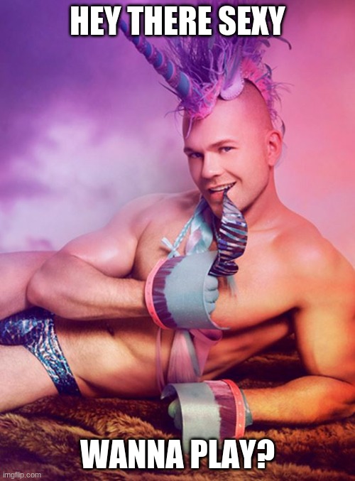 Sexy Gay Unicorn |  HEY THERE SEXY; WANNA PLAY? | image tagged in sexy gay unicorn | made w/ Imgflip meme maker