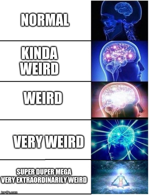 The Stages Of Weirdness (story of my life from birth to now) | NORMAL; KINDA WEIRD; WEIRD; VERY WEIRD; SUPER DUPER MEGA VERY EXTRAORDINARILY WEIRD | image tagged in expanding brain 5 panel,weird,story of my life | made w/ Imgflip meme maker