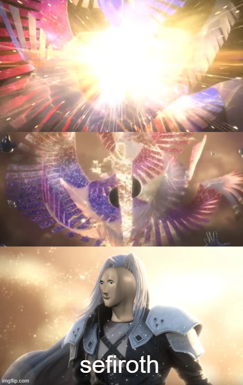 meme man joins smash! | sefiroth | image tagged in sephiroth slices galeem in half | made w/ Imgflip meme maker