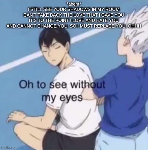 Oh to see without my eyes | *ahem*
I STILL SEE YOUR SHADOWS IN MY ROOM
CAN'T TAKE BACK THE LOVE THAT I GAVE YOU
IT'S TO THE POINT I LOVE AND HATE YOU
AND CANNOT CHANGE YOU, SO I MUST REPLACE YOU, OHHH | image tagged in oh to see without my eyes | made w/ Imgflip meme maker