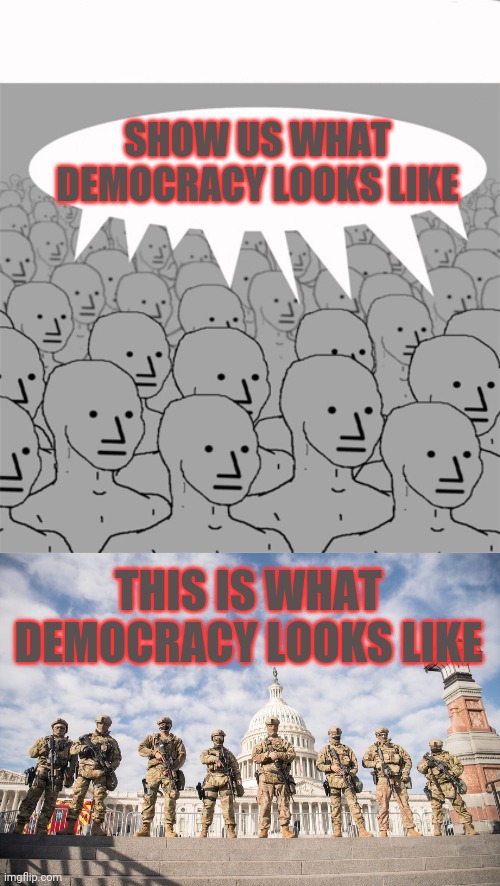 The Republic has fallen. Rise of democracy. | SHOW US WHAT DEMOCRACY LOOKS LIKE; THIS IS WHAT DEMOCRACY LOOKS LIKE | image tagged in npcprogramscreed,democracy | made w/ Imgflip meme maker