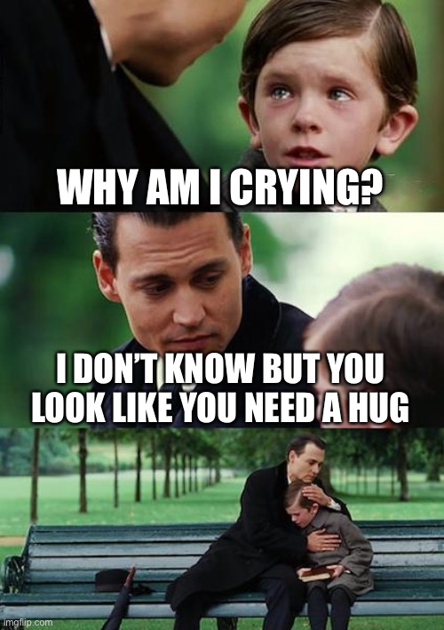 My impression of this template | WHY AM I CRYING? I DON’T KNOW BUT YOU LOOK LIKE YOU NEED A HUG | image tagged in memes,finding neverland | made w/ Imgflip meme maker