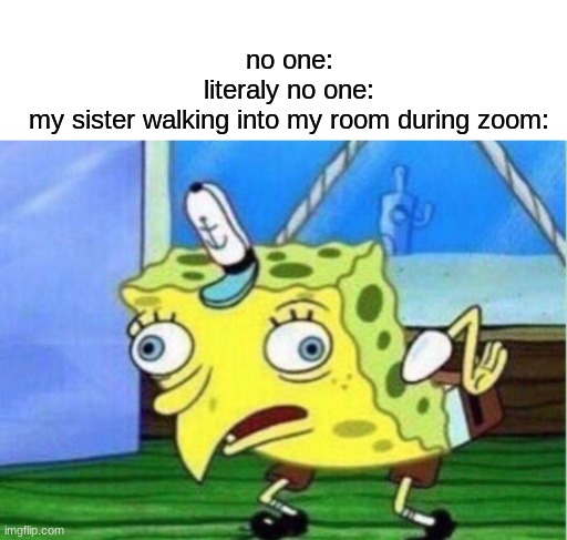 anyone else have this? | no one:
literaly no one:
my sister walking into my room during zoom: | image tagged in memes,mocking spongebob,siblings,funny | made w/ Imgflip meme maker