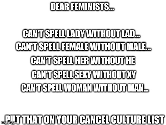 lol | DEAR FEMINISTS... CAN'T SPELL LADY WITHOUT LAD... CAN'T SPELL FEMALE WITHOUT MALE... CAN'T SPELL HER WITHOUT HE; CAN'T SPELL SEXY WITHOUT XY; CAN'T SPELL WOMAN WITHOUT MAN... PUT THAT ON YOUR CANCEL CULTURE LIST | image tagged in blank white template | made w/ Imgflip meme maker