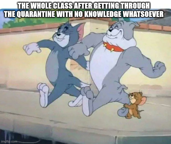 That's just how it is | THE WHOLE CLASS AFTER GETTING THROUGH THE QUARANTINE WITH NO KNOWLEDGE WHATSOEVER | image tagged in school,quarantine,tom and jerry | made w/ Imgflip meme maker