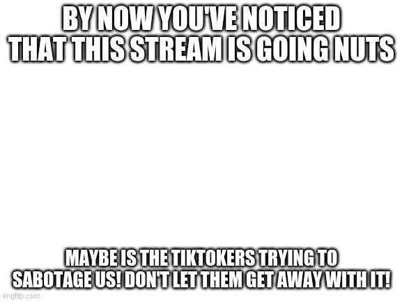 Maybe all of this chaos was caused by tiktok! They've noticed and fought back! (And someone said they were too brain damaged to) | BY NOW YOU'VE NOTICED THAT THIS STREAM IS GOING NUTS; MAYBE IS THE TIKTOKERS TRYING TO SABOTAGE US! DON'T LET THEM GET AWAY WITH IT! | image tagged in blank white template,meanwhile on imgflip,tiktok sucks | made w/ Imgflip meme maker