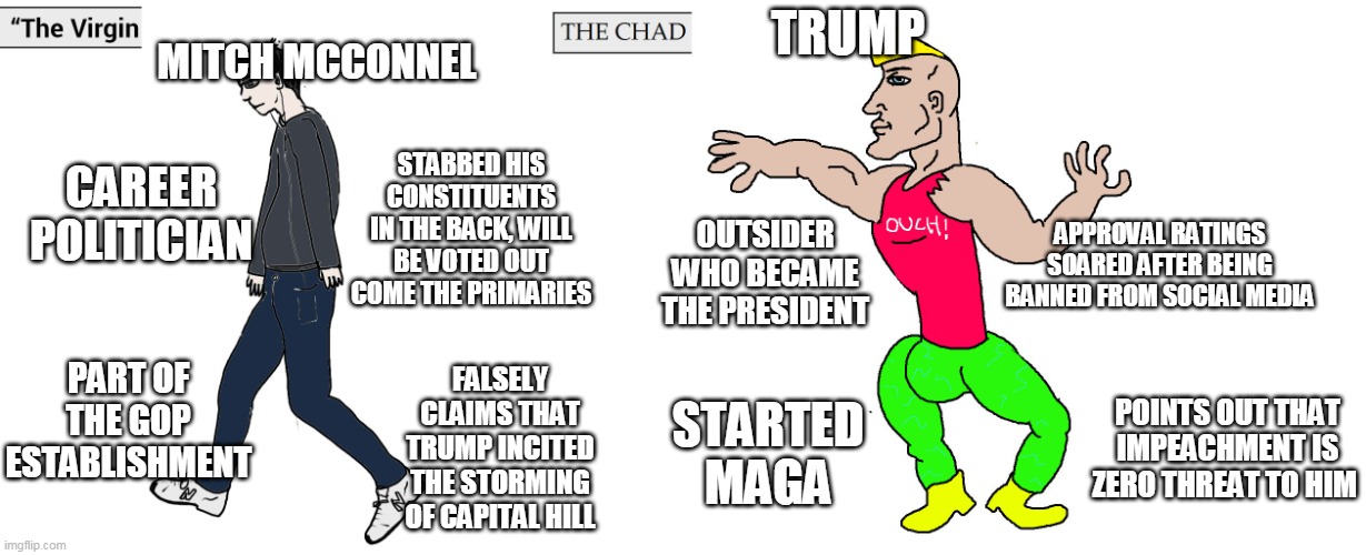 Virgin and Chad | TRUMP; MITCH MCCONNEL; STABBED HIS CONSTITUENTS IN THE BACK, WILL BE VOTED OUT COME THE PRIMARIES; CAREER POLITICIAN; APPROVAL RATINGS SOARED AFTER BEING BANNED FROM SOCIAL MEDIA; OUTSIDER WHO BECAME THE PRESIDENT; PART OF THE GOP ESTABLISHMENT; FALSELY CLAIMS THAT TRUMP INCITED THE STORMING OF CAPITAL HILL; STARTED MAGA; POINTS OUT THAT IMPEACHMENT IS ZERO THREAT TO HIM | image tagged in virgin and chad | made w/ Imgflip meme maker