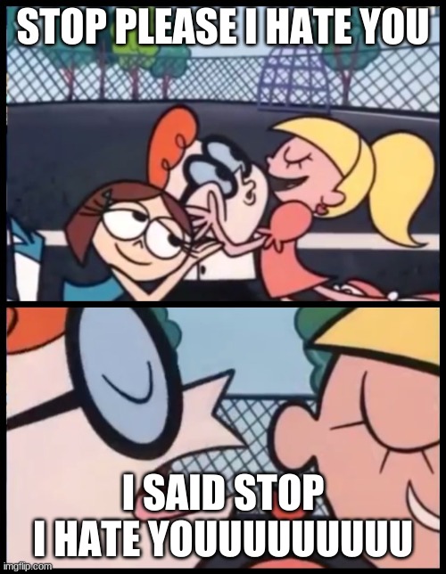 Stoppppp!!!!!!!!!! | STOP PLEASE I HATE YOU; I SAID STOP I HATE YOUUUUUUUUU | image tagged in memes,say it again dexter | made w/ Imgflip meme maker