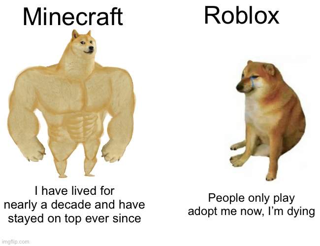 *cries in roblox* | Roblox; Minecraft; I have lived for nearly a decade and have stayed on top ever since; People only play adopt me now, I’m dying | image tagged in memes,buff doge vs cheems | made w/ Imgflip meme maker