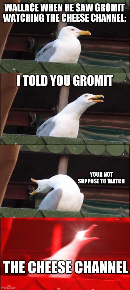 Inhaling Seagull Meme | WALLACE WHEN HE SAW GROMIT WATCHING THE CHEESE CHANNEL:; I TOLD YOU GROMIT; YOUR NOT SUPPOSE TO WATCH; THE CHEESE CHANNEL | image tagged in memes,inhaling seagull | made w/ Imgflip meme maker