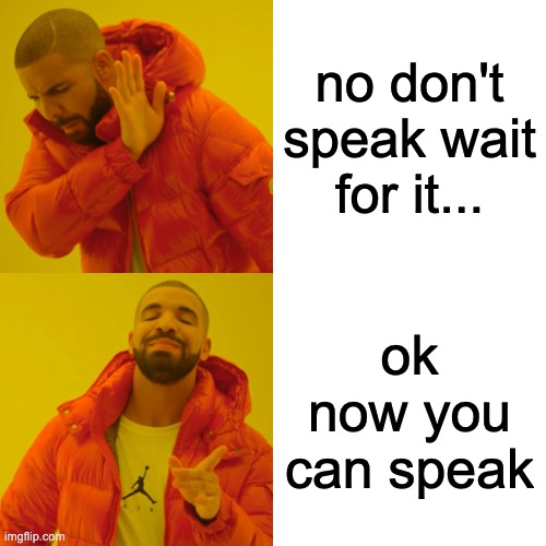 Drake Hotline Bling Meme | no don't speak wait for it... ok now you can speak | image tagged in memes,drake hotline bling | made w/ Imgflip meme maker