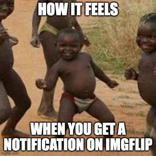 Third World Success Kid Meme | HOW IT FEELS; WHEN YOU GET A NOTIFICATION ON IMGFLIP | image tagged in memes,third world success kid | made w/ Imgflip meme maker