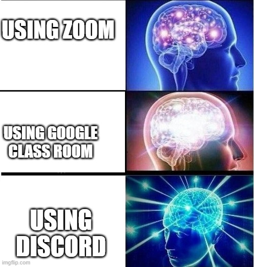 Expanding brain 3 panels | USING ZOOM USING GOOGLE CLASS ROOM USING DISCORD | image tagged in expanding brain 3 panels | made w/ Imgflip meme maker