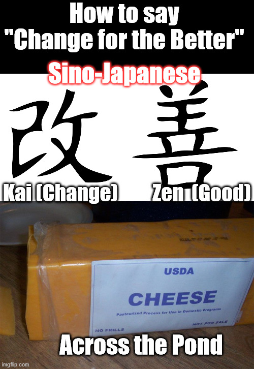  How to say  "Change for the Better"; Sino-Japanese; Kai (Change)         Zen  (Good); Across the Pond | image tagged in kanji,kaizan,japanese,oriental,government cheese | made w/ Imgflip meme maker