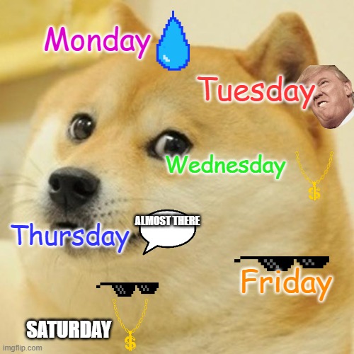Doge Meme | Monday; Tuesday; Wednesday; ALMOST THERE; Thursday; Friday; SATURDAY | image tagged in memes,doge | made w/ Imgflip meme maker