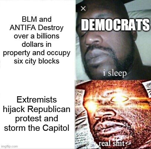 Sleeping Shaq Meme | BLM and ANTIFA Destroy over a billions dollars in property and occupy six city blocks; DEMOCRATS; Extremists hijack Republican protest and storm the Capitol | image tagged in memes,sleeping shaq | made w/ Imgflip meme maker