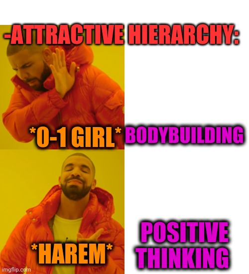 -Old sing. |  -ATTRACTIVE HIERARCHY:; BODYBUILDING; *0-1 GIRL*; POSITIVE THINKING; *HAREM* | image tagged in memes,drake hotline bling,bodybuilding,attractive,feeling cute,girls be like | made w/ Imgflip meme maker