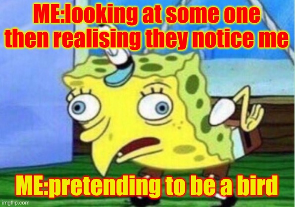 Mocking Spongebob | ME:looking at some one then realising they notice me; ME:pretending to be a bird | image tagged in mocking spongebob | made w/ Imgflip meme maker