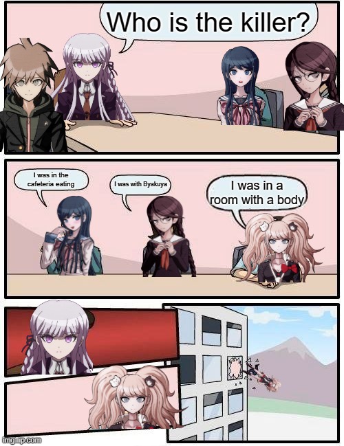 Meeting | Who is the killer? I was in the cafeteria eating; I was with Byakuya; I was in a room with a body | image tagged in memes,boardroom meeting suggestion,danganronpa | made w/ Imgflip meme maker