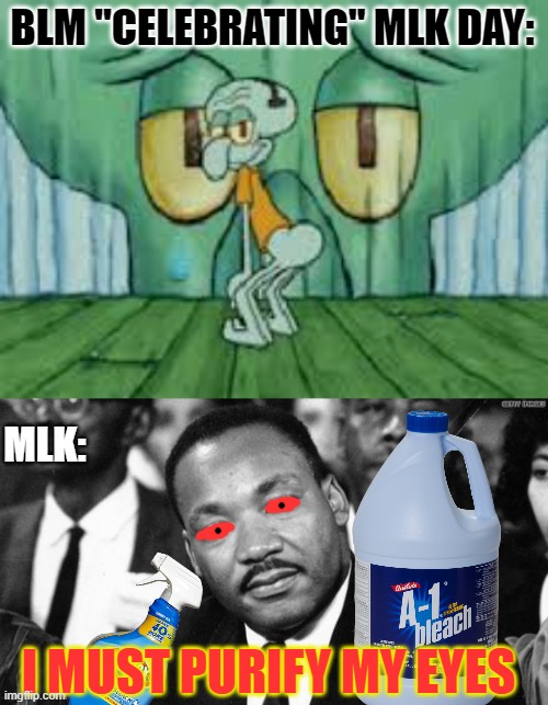 Wise MLK | BLM "CELEBRATING" MLK DAY:; MLK:; I MUST PURIFY MY EYES | image tagged in squidward twerking,mlk disappointed,bleach | made w/ Imgflip meme maker