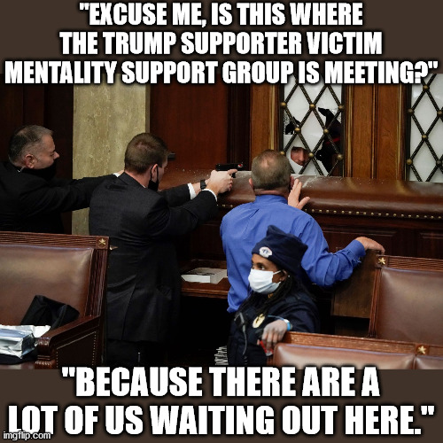 Trump Support Victim Mentality Support Group | "EXCUSE ME, IS THIS WHERE THE TRUMP SUPPORTER VICTIM MENTALITY SUPPORT GROUP IS MEETING?"; "BECAUSE THERE ARE A LOT OF US WAITING OUT HERE." | image tagged in victim mentality,trump,election 2020,maga,joe biden,rioters | made w/ Imgflip meme maker