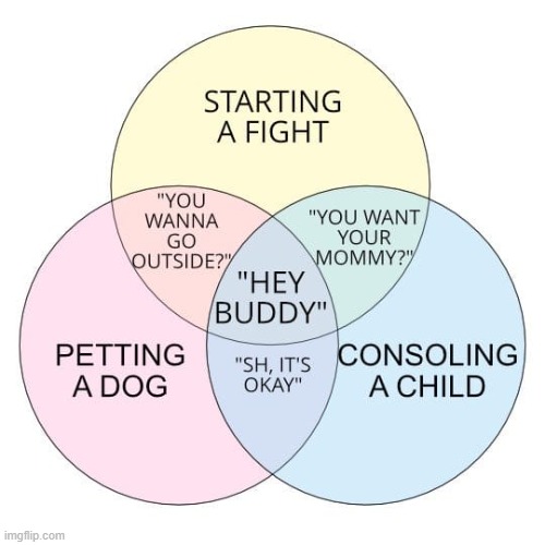 I love Venn diagrams | image tagged in venn diagram starting a fight petting a dog consoling a child,venn diagram,charts,chart,repost,reposts | made w/ Imgflip meme maker