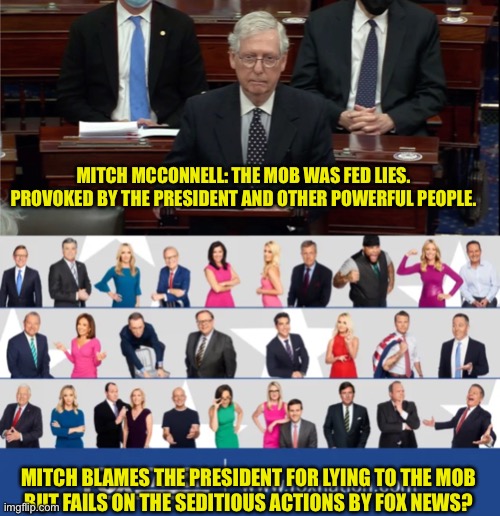 When ‘Blame’ for seditious action means all involved | MITCH MCCONNELL: THE MOB WAS FED LIES. PROVOKED BY THE PRESIDENT AND OTHER POWERFUL PEOPLE. MITCH BLAMES THE PRESIDENT FOR LYING TO THE MOB
BUT FAILS ON THE SEDITIOUS ACTIONS BY FOX NEWS? | image tagged in donald trump,mitch mcconnell,maga,voter fraud,riot,fascists | made w/ Imgflip meme maker