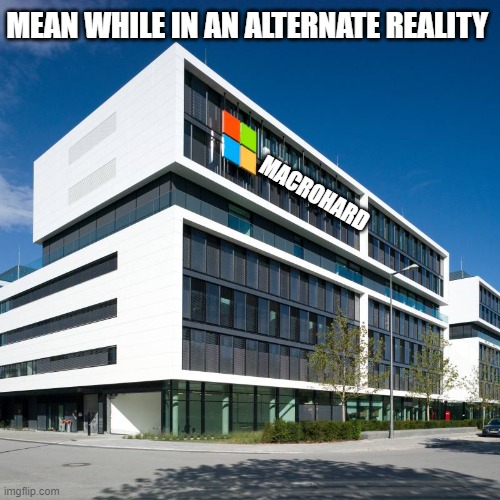 {redacted} | MEAN WHILE IN AN ALTERNATE REALITY; MACROHARD | image tagged in funny | made w/ Imgflip meme maker