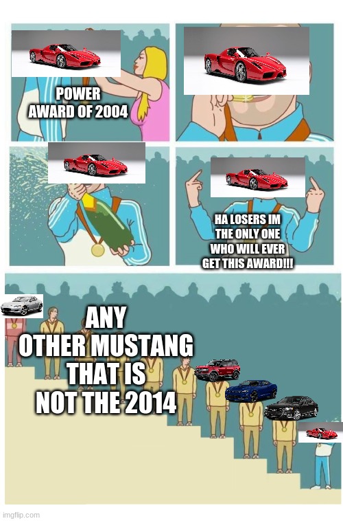 ferrari enzo | POWER AWARD OF 2004; HA LOSERS IM THE ONLY ONE WHO WILL EVER GET THIS AWARD!!! ANY OTHER MUSTANG THAT IS NOT THE 2014 | image tagged in last place douche bag,cars | made w/ Imgflip meme maker
