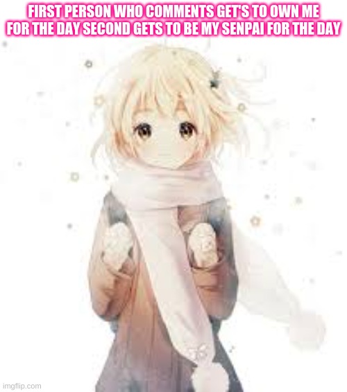 :) | FIRST PERSON WHO COMMENTS GET'S TO OWN ME FOR THE DAY SECOND GETS TO BE MY SENPAI FOR THE DAY | made w/ Imgflip meme maker