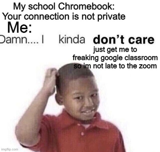 every 3 seconds on my chromebook be like | My school Chromebook: Your connection is not private; Me:; just get me to freaking google classroom so im not late to the zoom | image tagged in damn i kinda dont care | made w/ Imgflip meme maker