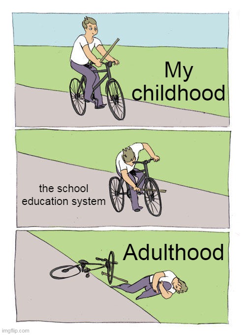 Bike Fall Meme | My childhood; the school education system; Adulthood | image tagged in memes,bike fall | made w/ Imgflip meme maker