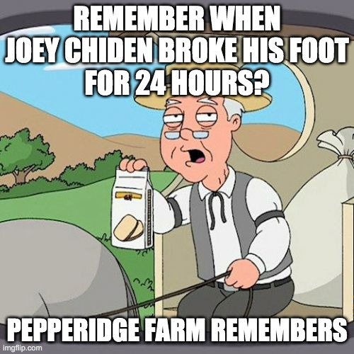 Joey Chiden had a broken foot for 24 hours. | REMEMBER WHEN JOEY CHIDEN BROKE HIS FOOT
FOR 24 HOURS? PEPPERIDGE FARM REMEMBERS | image tagged in pepperidge farm remembers,joe biden,broken foot | made w/ Imgflip meme maker