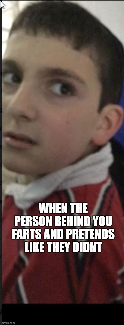 when the person farts behind u and pretend not to. | WHEN THE PERSON BEHIND YOU FARTS AND PRETENDS LIKE THEY DIDNT | image tagged in shocked face | made w/ Imgflip meme maker