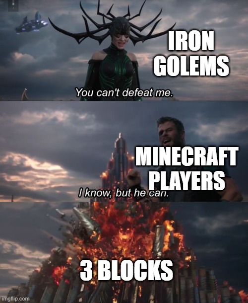 minecraft players can understand | IRON GOLEMS; MINECRAFT PLAYERS; 3 BLOCKS | image tagged in you can't defeat me | made w/ Imgflip meme maker