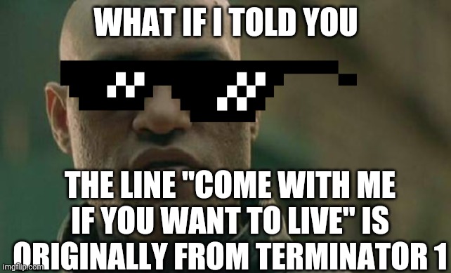 True | WHAT IF I TOLD YOU; THE LINE "COME WITH ME IF YOU WANT TO LIVE" IS ORIGINALLY FROM TERMINATOR 1 | image tagged in memes,matrix morpheus | made w/ Imgflip meme maker