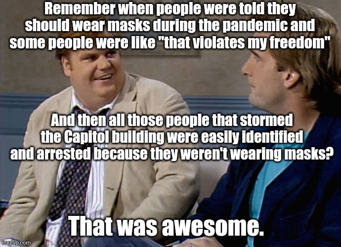 Victims of their own stupidity. | Remember when people were told they should wear masks during the pandemic and some people were like "that violates my freedom"; And then all those people that stormed the Capitol building were easily identified and arrested because they weren't wearing masks? That was awesome. | image tagged in remember that time | made w/ Imgflip meme maker