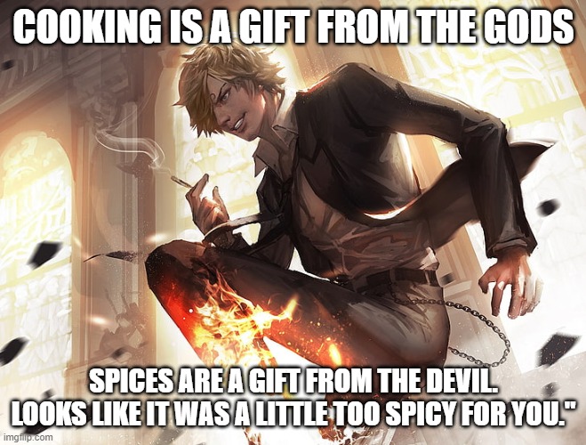 Sanji spice | COOKING IS A GIFT FROM THE GODS; SPICES ARE A GIFT FROM THE DEVIL. LOOKS LIKE IT WAS A LITTLE TOO SPICY FOR YOU." | image tagged in sanji,burn,one piece | made w/ Imgflip meme maker