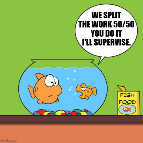 50/50 | WE SPLIT THE WORK 50/50 YOU DO IT I'LL SUPERVISE. | made w/ Imgflip meme maker