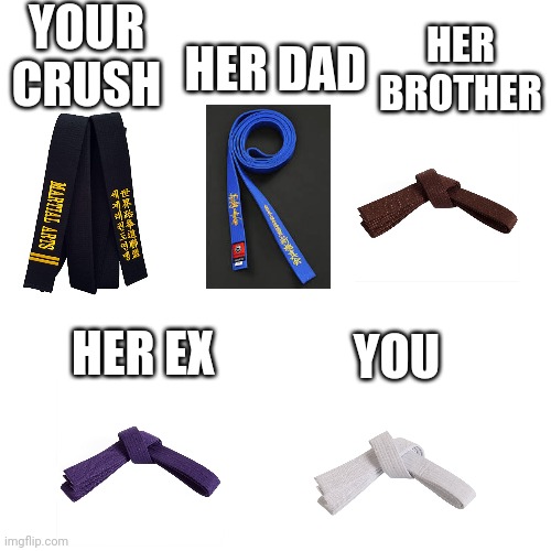 peak of comedy | YOUR CRUSH; HER DAD; HER BROTHER; YOU; HER EX | image tagged in karate,fun,blank white template | made w/ Imgflip meme maker