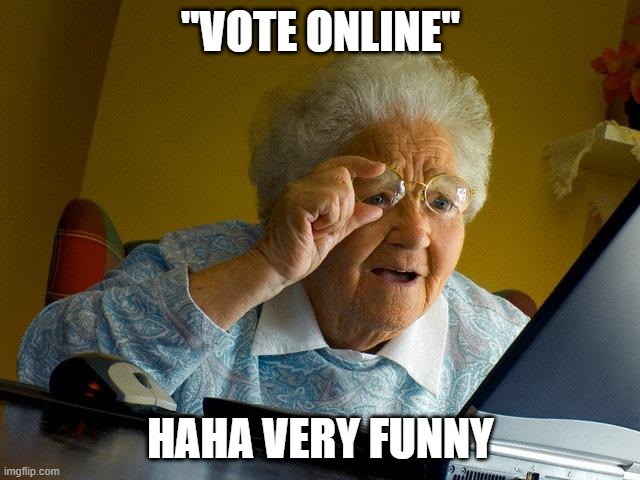 Vote online 2020 | "VOTE ONLINE"; HAHA VERY FUNNY | image tagged in memes,grandma finds the internet | made w/ Imgflip meme maker