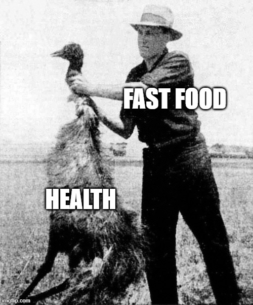 I mean, it tastes good | FAST FOOD; HEALTH | image tagged in great emu war,fast food,emu,memes | made w/ Imgflip meme maker