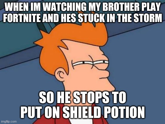 Futurama Fry | WHEN IM WATCHING MY BROTHER PLAY FORTNITE AND HES STUCK IN THE STORM; SO HE STOPS TO PUT ON SHIELD POTION | image tagged in memes,futurama fry | made w/ Imgflip meme maker